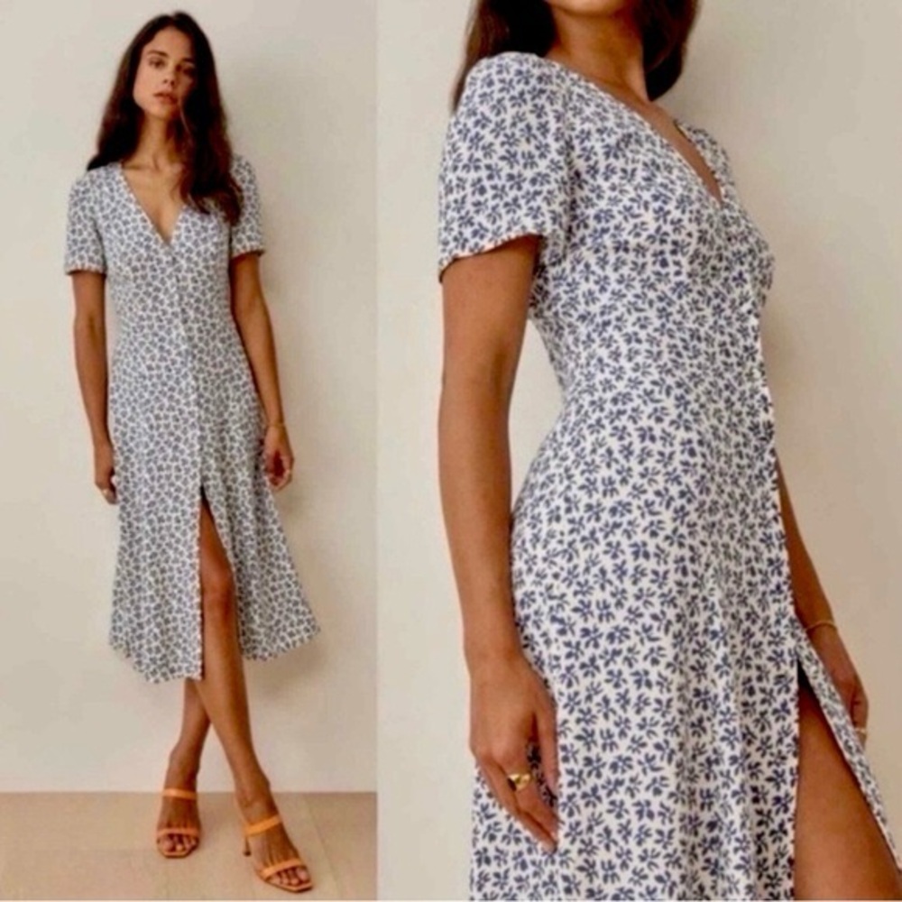 Reformation White and Blue Floral Midi Dress